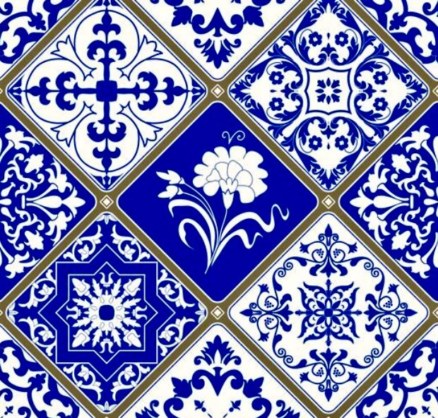 Blue and white Portuguese azulejo tiles with floral and geometric patterns