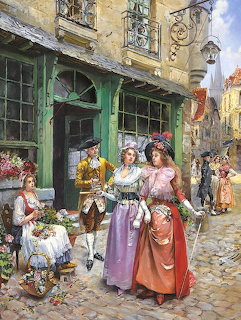 Painting of Victorian-era women buying flowers from a street vendor near an old European shop
