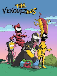 Cartoon illustration of symbiote characters in animated family parody style with colorful background