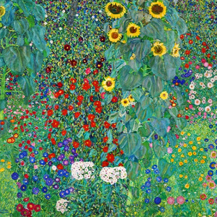Gustav Klimt painting of a farm garden with sunflowers, red poppies, and colorful flowers in dense green foliage
