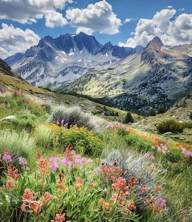 Colorful wildflowers on hillside with dramatic mountain peaks and valley in background under blue sky with white clouds