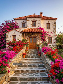 Mediterranean Stone House with Bougainvillea