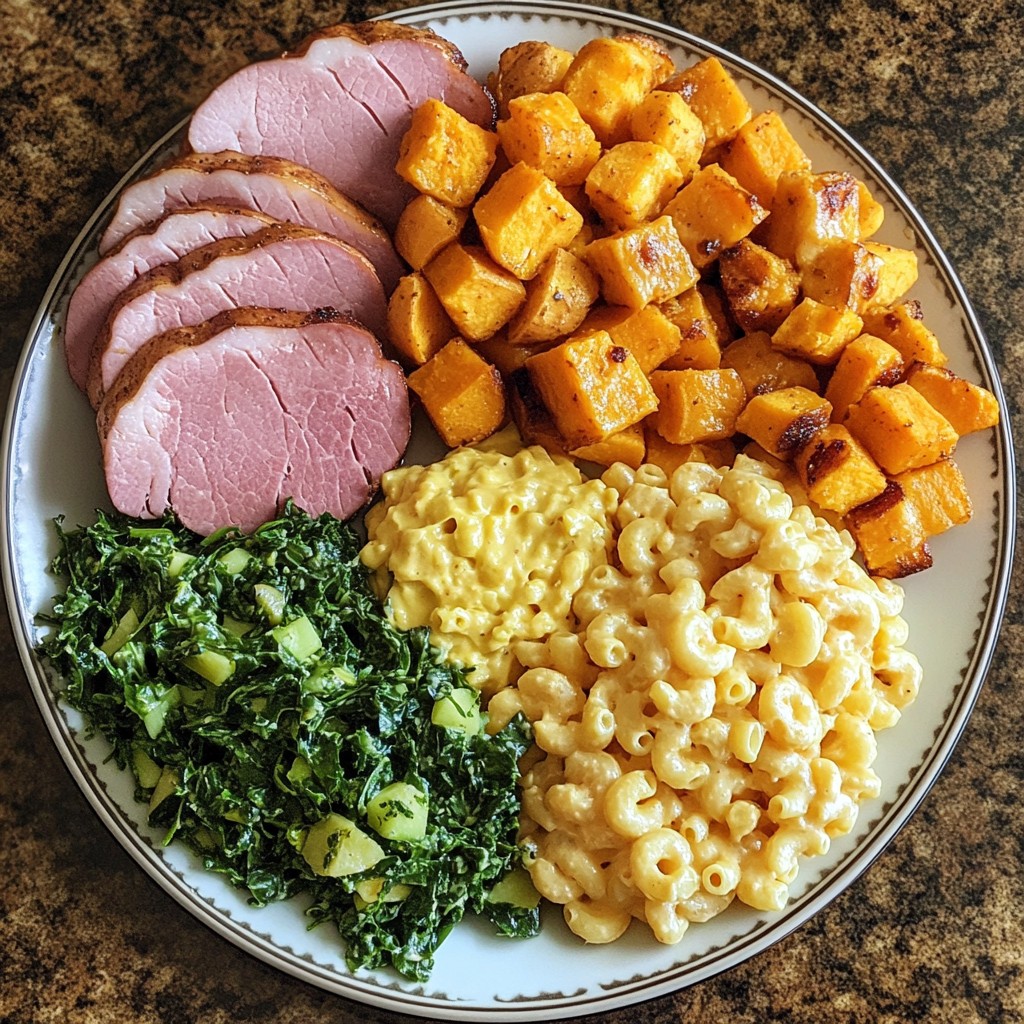 Dinner plate with sliced ham, roasted sweet potatoes, mac and cheese, and kale salad
