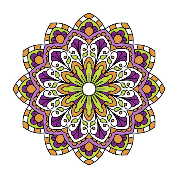 Colorful mandala with purple, yellow, and orange petals in symmetrical pattern