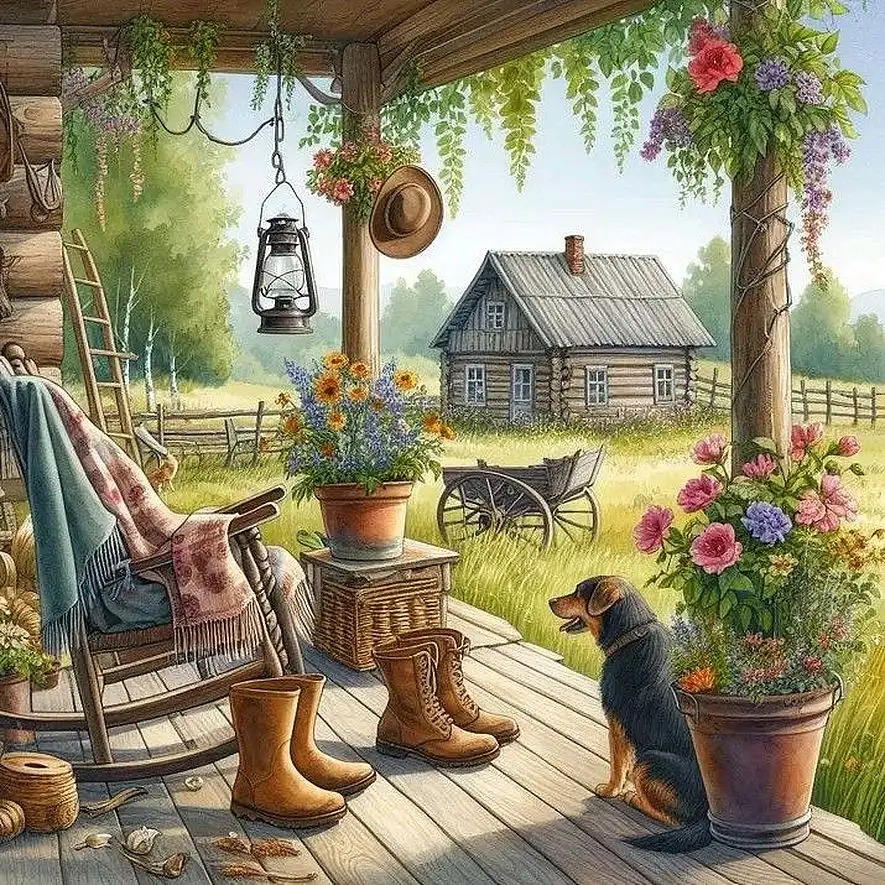 Country porch with dog resting by rocking chair, flowers, boots, lantern, and cabin view
