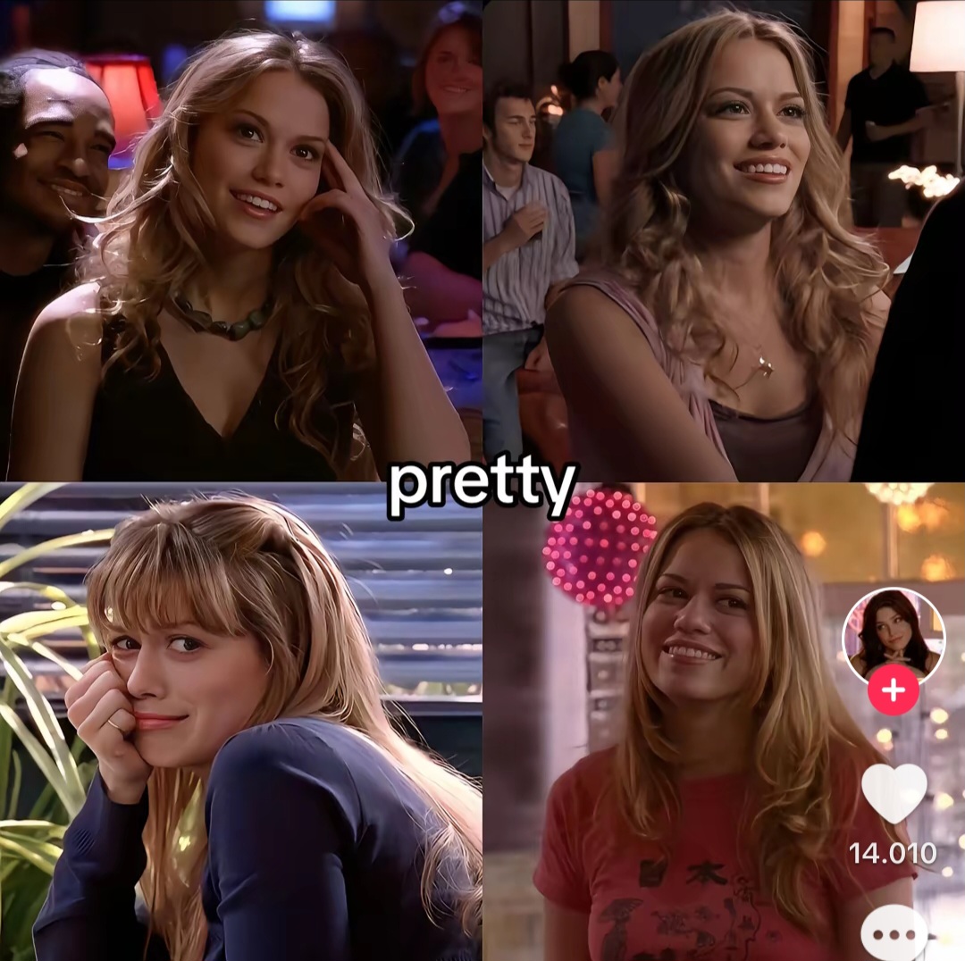 Collage of four indoor photos showing a smiling blonde woman in casual clothing