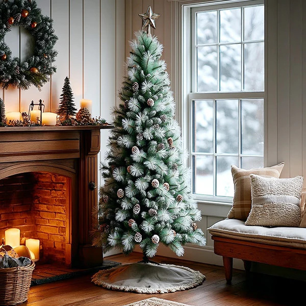 Frosted Christmas tree in cozy living room corner next to fireplace and large window with winter scene outside