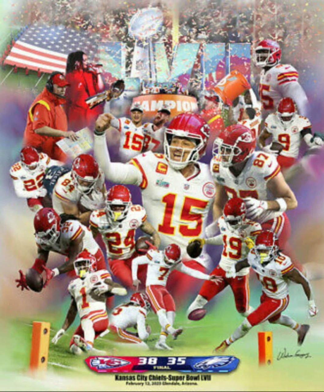 Collage of Kansas City Chiefs football players with trophy, flag, and red uniforms