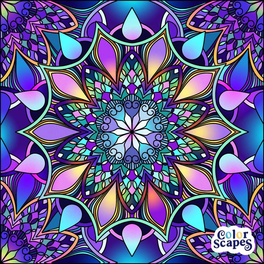 Colorful symmetrical mandala with ornate floral pattern in purple, blue, and gold tones