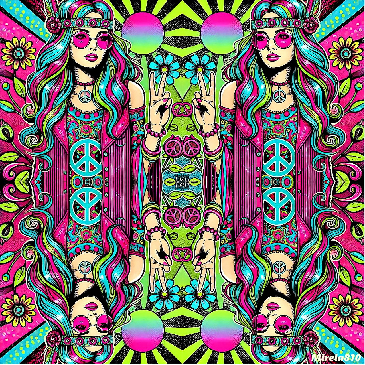 Psychedelic mirrored collage of colorful women with peace signs, flowers, and neon symmetrical patterns