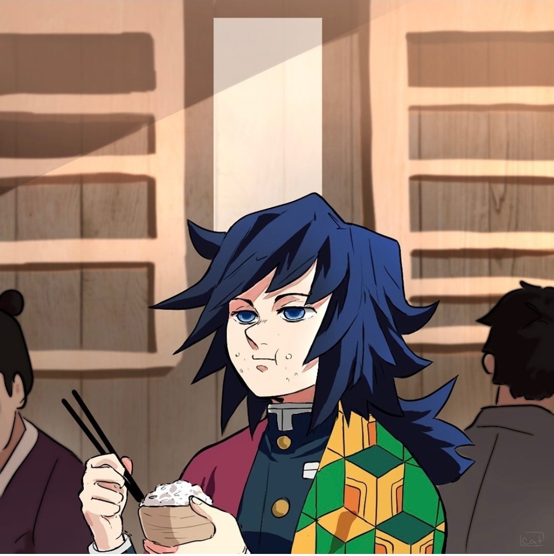 Anime character Giyu Tomioka holding a bowl and chopsticks indoors
