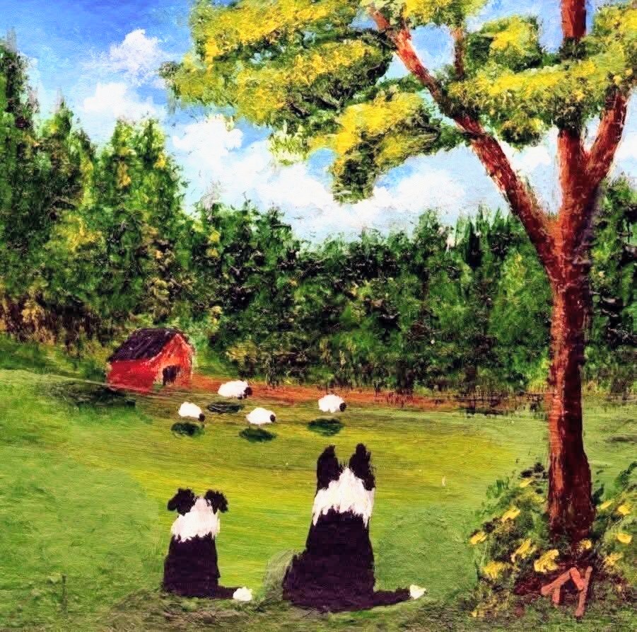 Two border collies sitting under a tree watching sheep graze in a field with a red barn and autumn foliage