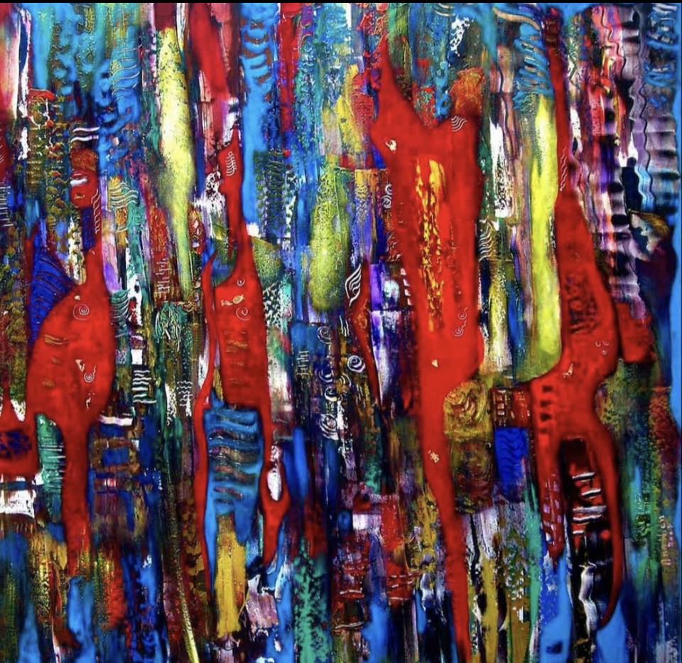 Abstract painting with colorful vertical paint drips in red, blue, yellow and mixed hues