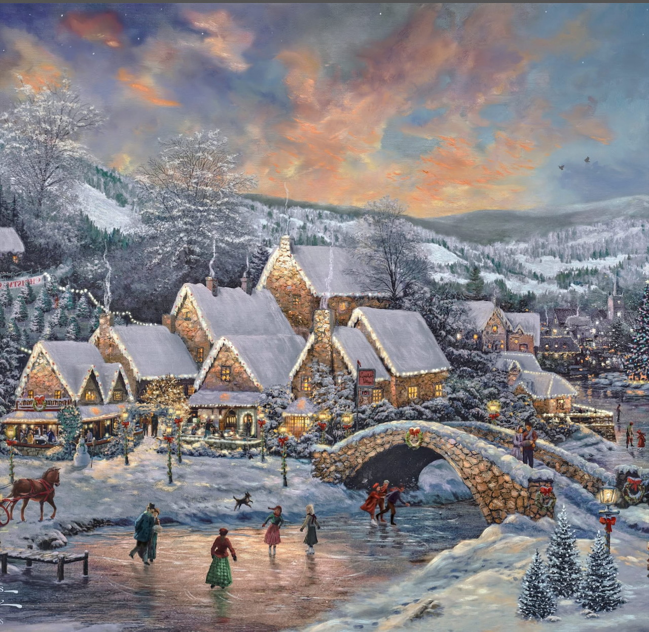 Painting of a snowy village with cottages, ice skaters, deer, and sunset sky