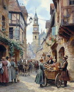 Painting of a medieval village market street with timber-framed buildings and people in historic clothing