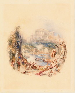 Watercolor illustration of classical figures in a garden with ancient temples and columns by Turner