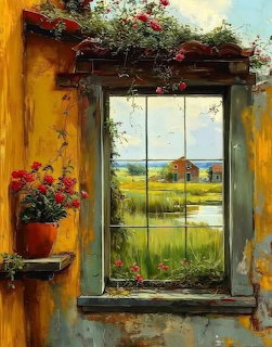 Rustic window with flowering vines overlooking pastoral landscape with house and pond