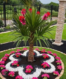 Palm tree with pink flowers in decorative circular garden bed with white stone border on lawn