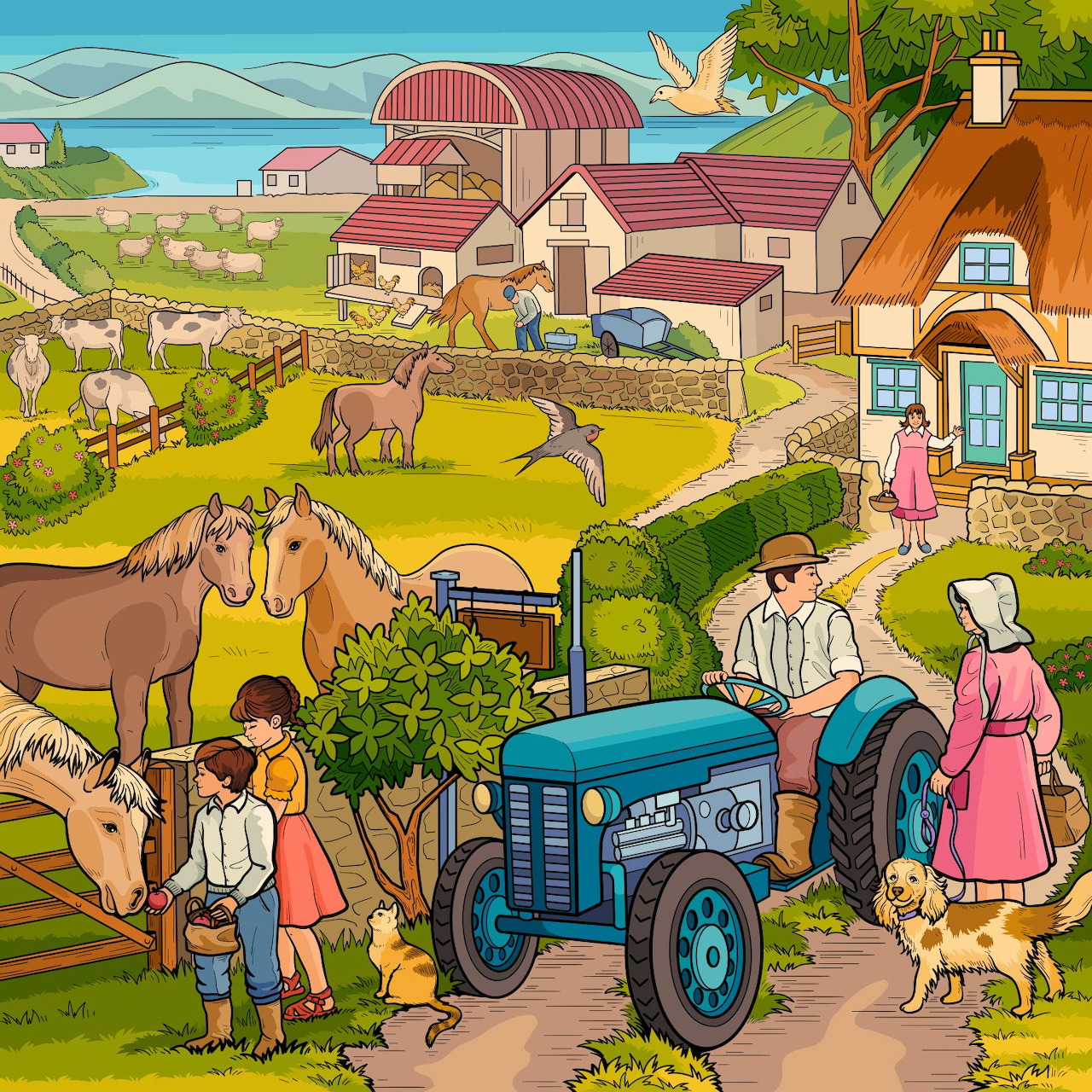 Illustrated farm scene with people, tractor, horses, cows, and barn buildings in countryside landscape