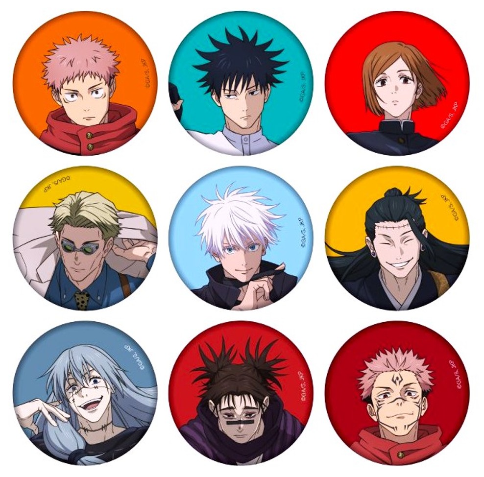 Nine Jujutsu Kaisen anime character portraits in colored circles arranged in a 3x3 grid