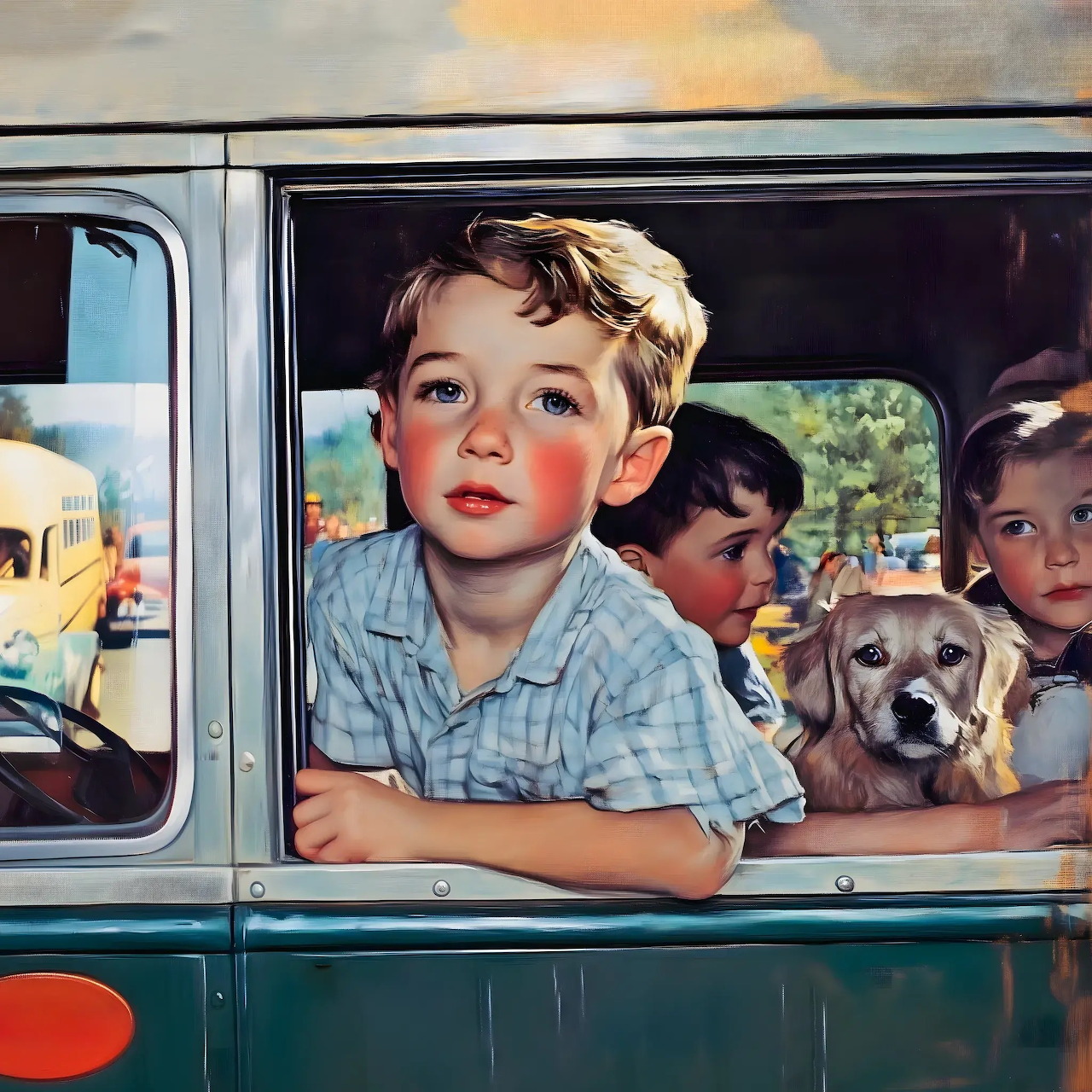 Illustrated children and dog looking out vintage car window on road trip