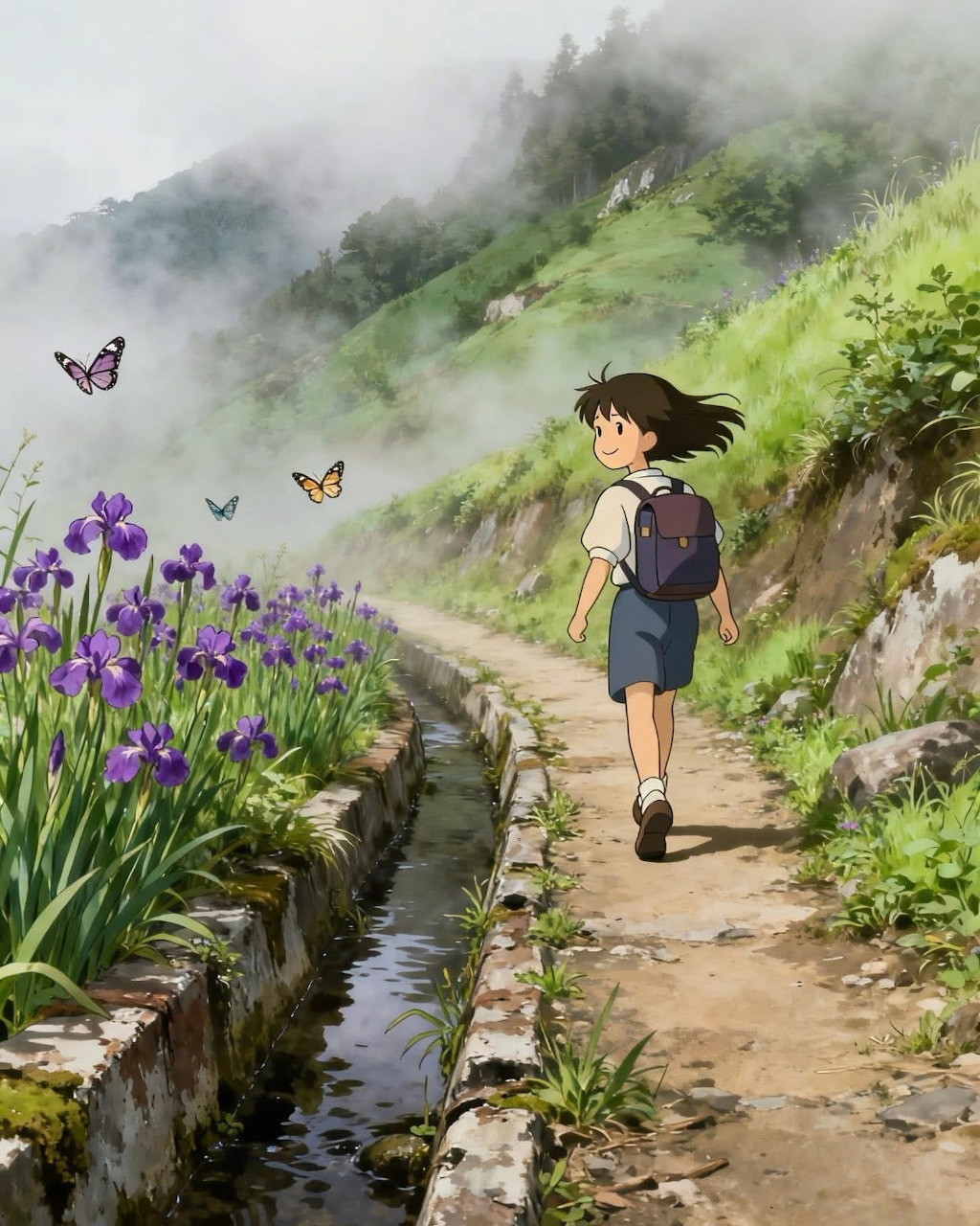 Illustrated girl hiking foggy mountain path with purple irises and butterflies