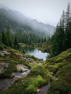 Misty mountain forest surrounding a small alpine lake with rocky slopes and wet green grass