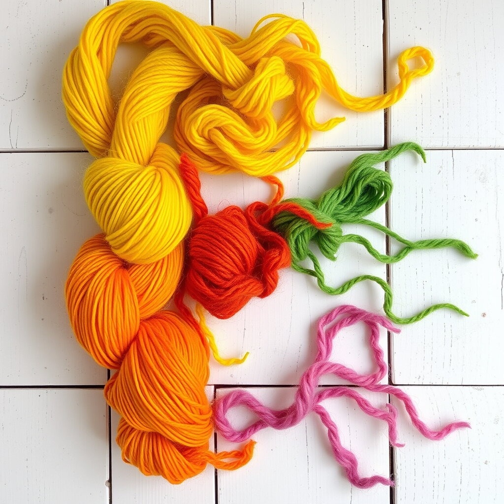 Colorful skeins of yarn on a white wooden background