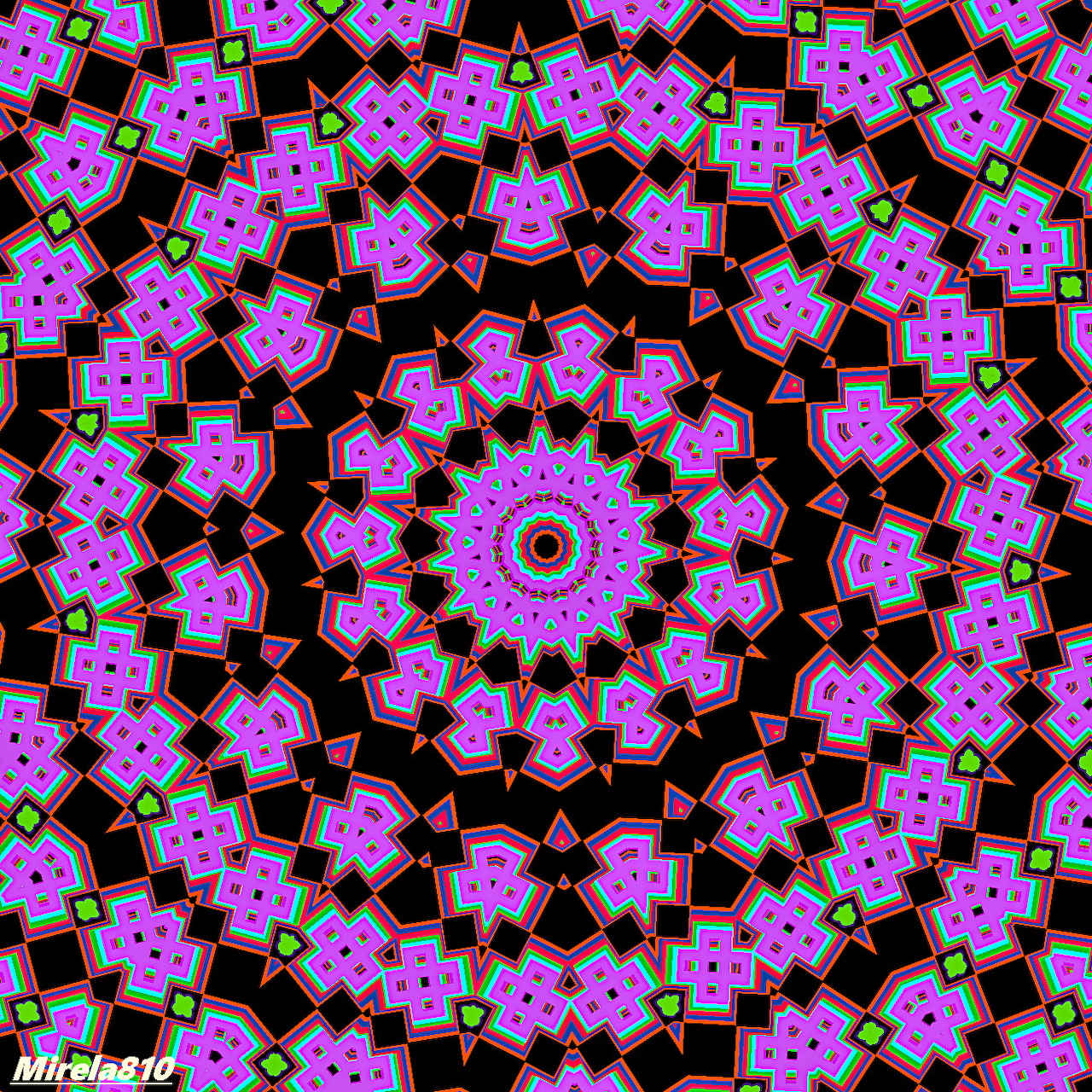 Colorful geometric mandala with pink, purple, and teal symmetrical patterns on black