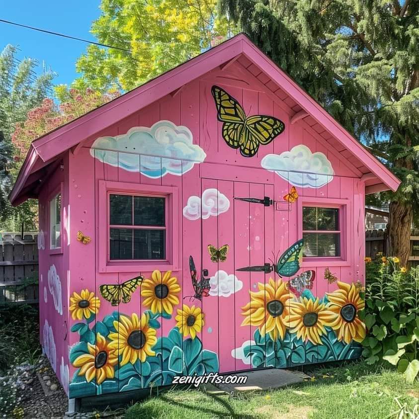 Pink garden shed with painted butterflies, clouds, and bright yellow sunflowers in front