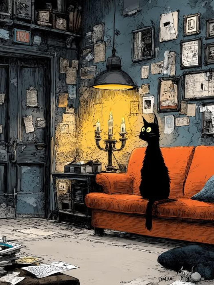 Black cat sitting on an orange sofa in a dim room with framed pictures and a lamp