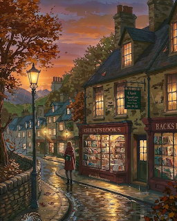 Painting of a cozy village street at dusk with a lit bookshop, autumn trees, and a figure walking on wet cobblestones