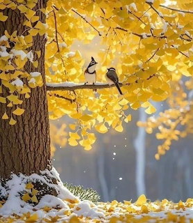 Small bird sitting on tree branch surrounded by bright yellow fall foliage with snow on ground