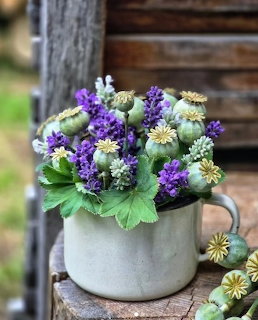 Purple flowers and green seed pods in white enamel pot on wooden surface