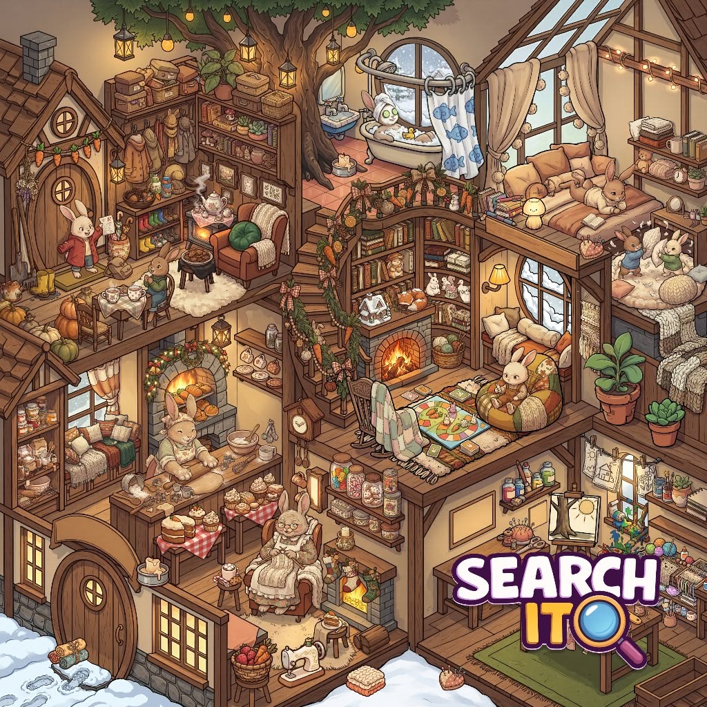 Cutaway illustration of cozy multi-story rabbit house with bunnies, furniture, and detailed rooms