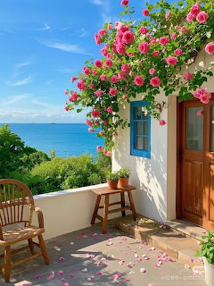 White coastal house with pink flowering bougainvillea above doorway, terrace chairs, ocean view