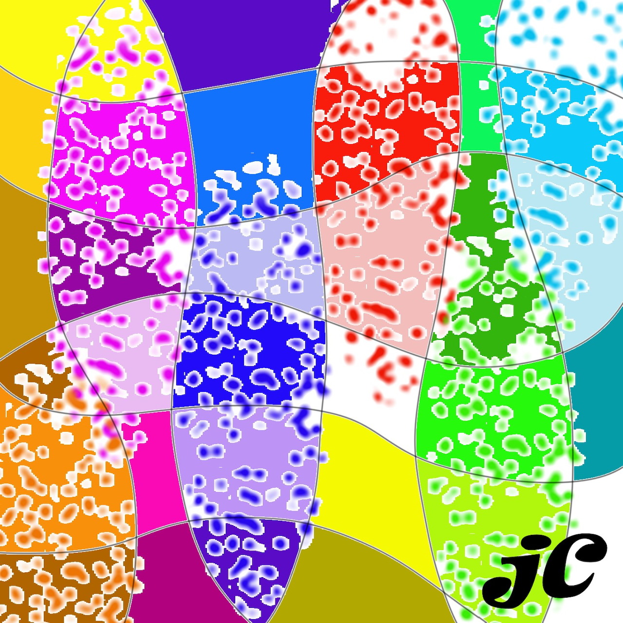 Overlapping surfboards in bright rainbow colors with white bubble patterns on geometric background