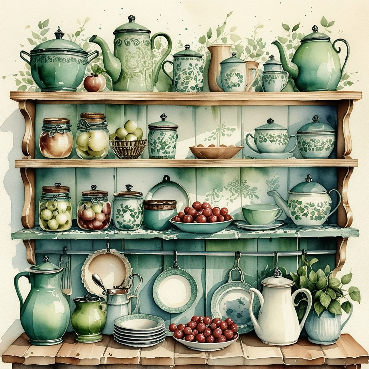 Illustrated shabby chic kitchen shelves with teal pottery, jars, plates, and bowls of fruit