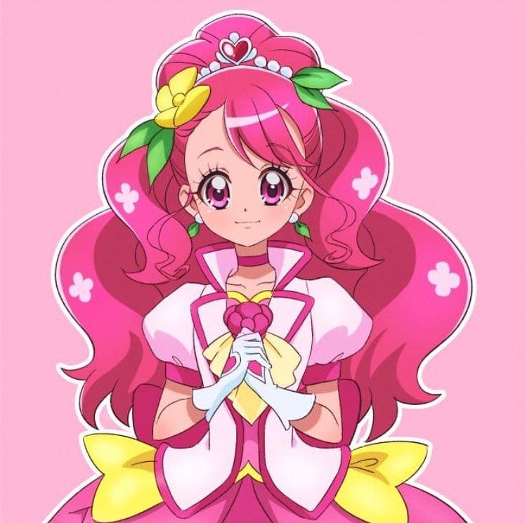 Anime girl with long pink hair, flower headpiece, and white outfit on a pink background
