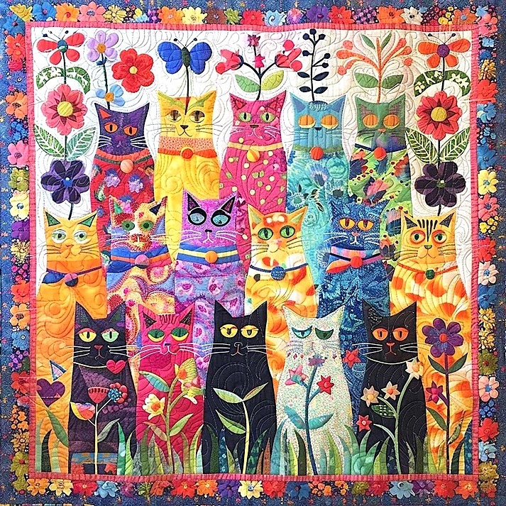 Colorful folk art cats arranged in rows with patchwork patterns, flowers, and butterflies on quilted background