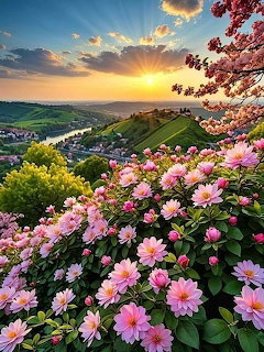 Pink flowers on hillside overlooking valley at sunset with golden clouds and distant hills
