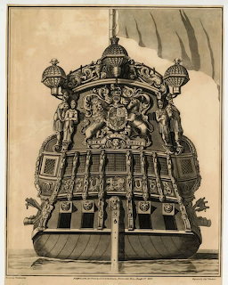 Detailed engraving of an ornate sailing warship stern with royal coat of arms and carved figureheads
