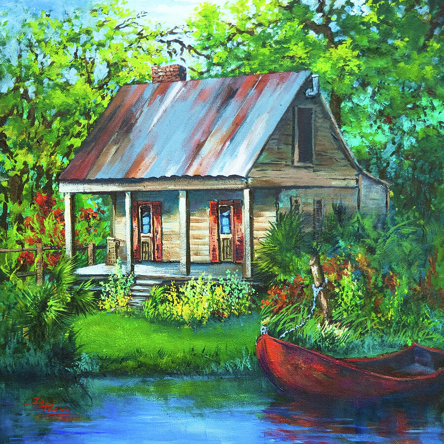 Painting of a rustic cabin beside blue water with green trees and a red boat