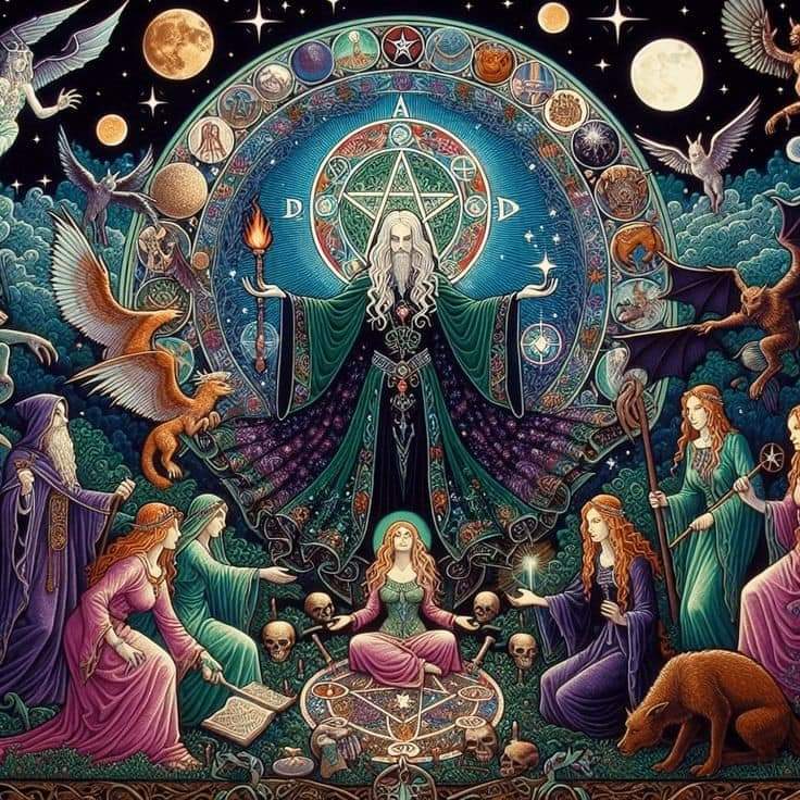 Fantasy illustration of mystical figures gathered under celestial zodiac wheel with planets and cosmic symbolism