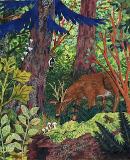 Deer standing in forest with green ferns and colorful tree trunks