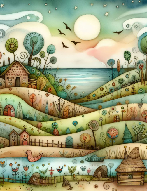 Whimsical watercolor illustration of rolling hills with cottages, stylized trees, flowers, and a sunset over the sea