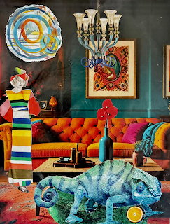 Eclectic living room with teal walls, orange sofa, large chameleon sculpture, and vibrant mixed decor