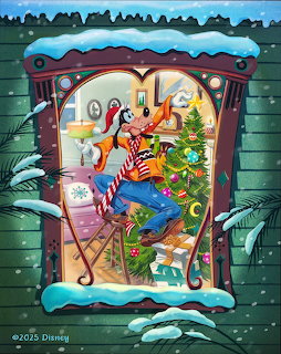 Goofy decorating Christmas tree seen through snowy window with holiday lights and ornaments