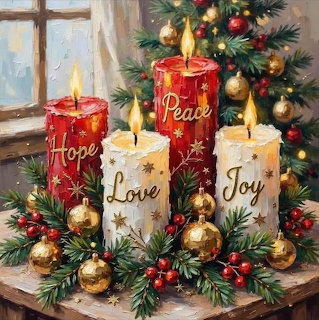 Four festive candles labeled Hope, Peace, Love, Joy surrounded by Christmas greenery and gold ornaments