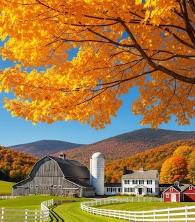 Autumn farm scene with red barn, silo, white farmhouse, fall foliage and rolling hills
